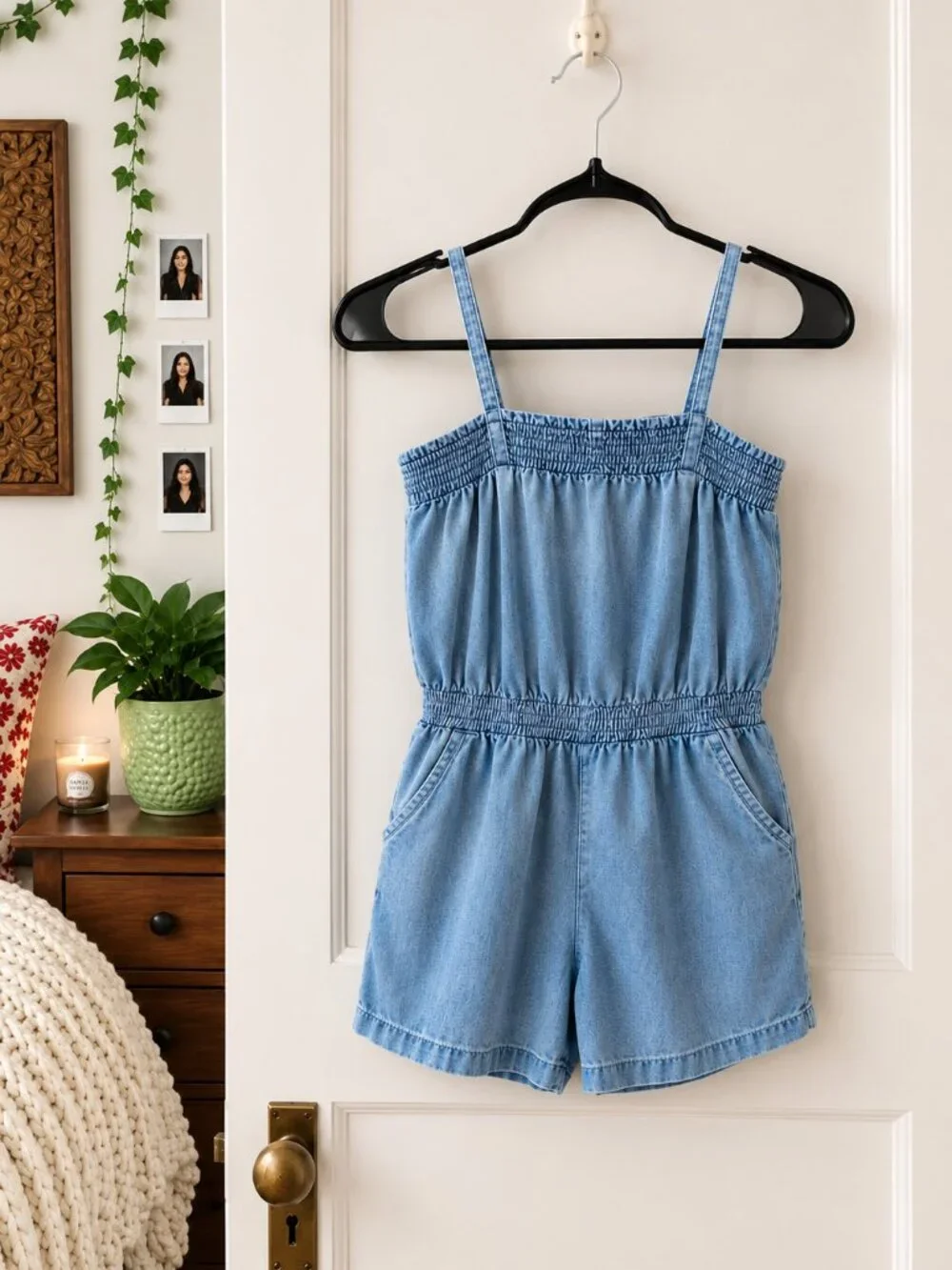 GAP Kids Chambray Smocked Romper Girls Large 100% Cotton Summer